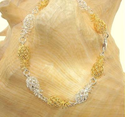 7.5MM MIXED YELLOW GOLD PLATED 925 SILVER HAWAIIAN 3D PINEAPPLE BRACELET 8-7.25''