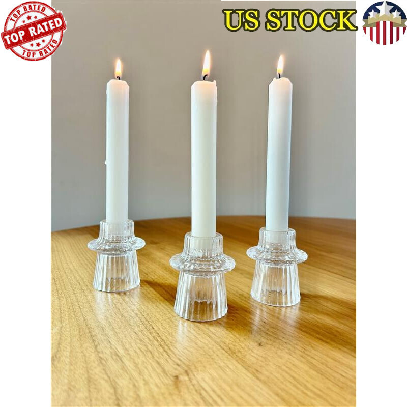 Set of 3 Clear Ribbed Glass Taper and Tealight Candle Holders