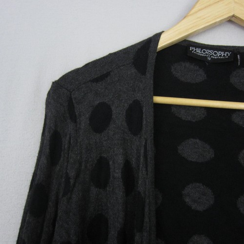 Philosophy Cardigan Womens 10 Black Grey Polka Dots Waterfall Tight Knit Work - Picture 3 of 14