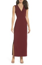 FAME & PARTNERS Wine Faux Wrap V-Neck Button Maxi Dress Gown 4 US S = AU 36EU
