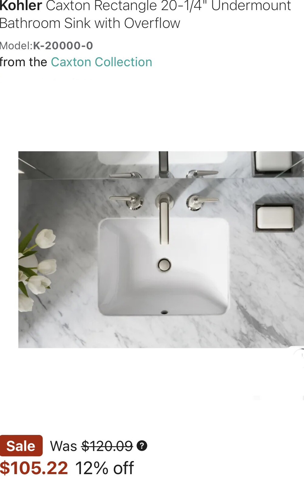 Kohler K-20000-0 Caxton Rectangle 20-1/4" Undermount Bathroom Sink with ...