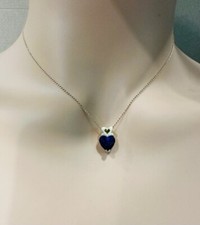 Estate 10K Yellow Gold Blue Heart Pendant Necklace 16"