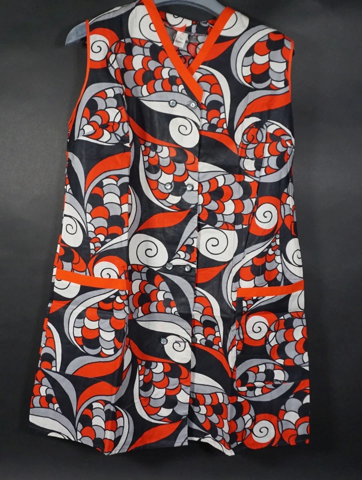 Robe De Maison Vintage Pour Femme Space Age Noir Rouge Taille 44 100% Coton - Photo 1/4