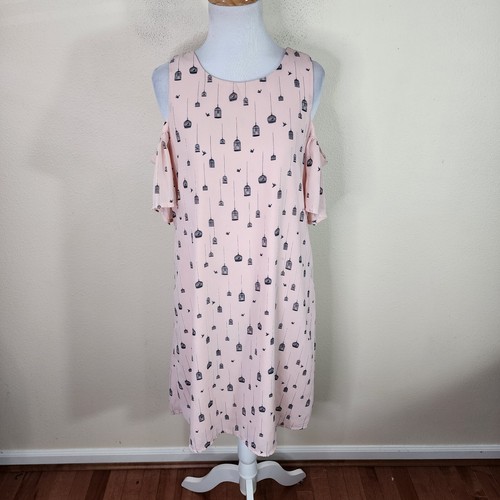 City Streets Dress Women's 8 Shift Pale Pink Lined Birds Birdcage Cold Shoulder