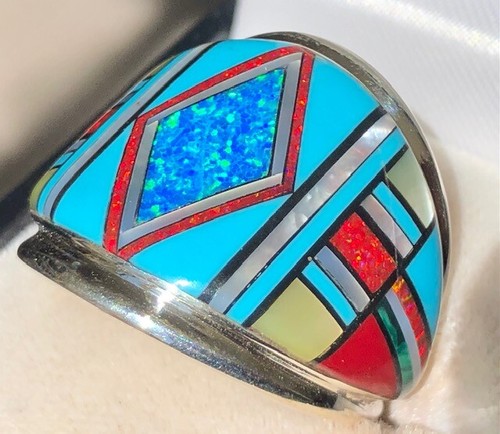 Large Turquoise Red Opal HOT Racing stripes Men's ring Italian 9.5 Silver T - Picture 10 of 12