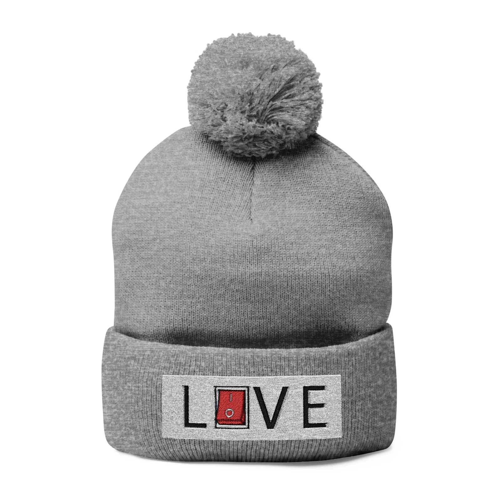 Warm Cozy Pom-Pom Knit Cap, Love Embroidery, Winter Hat, Gift for Her,