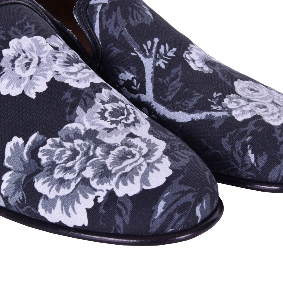 Zapatos Mocasines DOLCE & GABBANA Floral Lona Croco Cuero AMALFI Gris Negro Foto 4 de 4