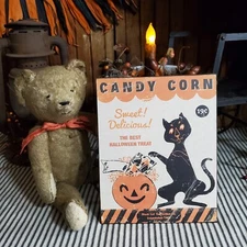 PRIMITIVE RETRO VICTORIAN VINTAGE STYLE HALLOWEEN PUMPKIN CANDY CORN CAT SIGN