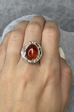 Genuine Amber Stone Ring with Sterling Silver.Cognac Color Amber Ring 8 1/2 US