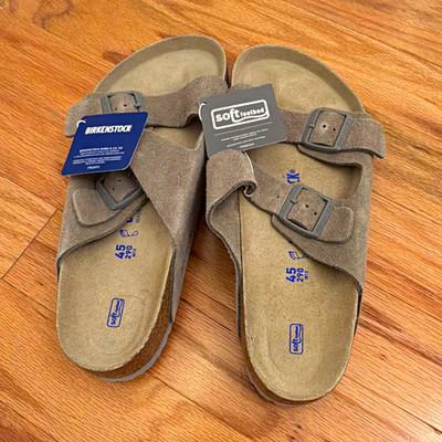 Birkenstock Arizona Soft Footbed Suede 2-Strap Buckle Slides Gray Men's 12