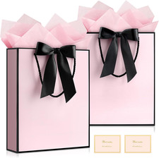 Gift Bag, 2PCS Gift Bags Large with Ribbon and 2 Greeting Cards 4 Tissue Paper,