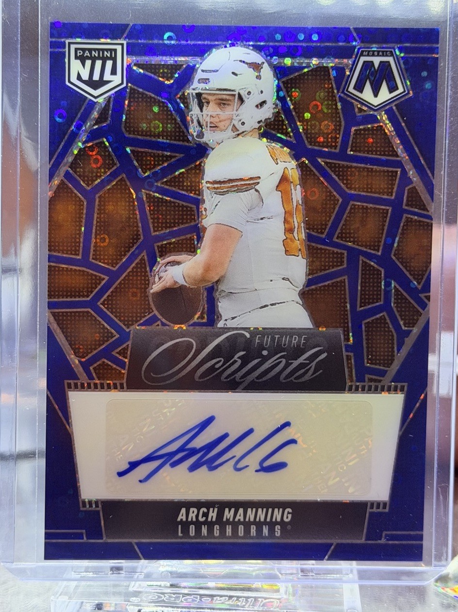 2025 Panini Mosaic Arch Manning NIL Future Scripts Auto No Huddle Blue Prizm SP