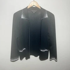Ming Wang Jacket Open Front Knit Filament Acrylic Black White Beaded Office M