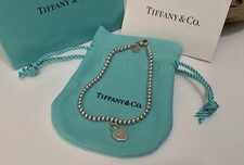 Tiffany  Co. 925 Sterling Silver Heart Padlock Charm Bead Bracelet 7  Box/Pouch