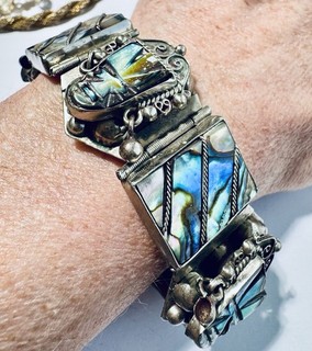 TAXCO Sterling Silver Bracelet Abalone Inlay Mexican Warrior Link Charm Vintage