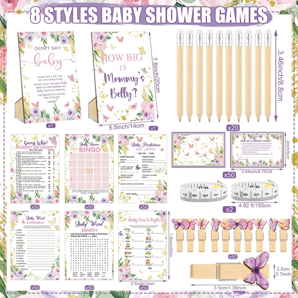 Juego de 426 piezas de juegos de baby shower mariposa - 8 juegos, incluye bingo baby shower,... Foto 3 de 4