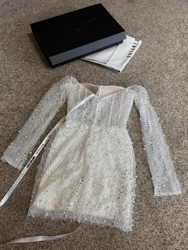 UNTAMED PETALS BRIDAL MINI DRESS: Off the shoulder pearl embellishments - Image 3 of 4