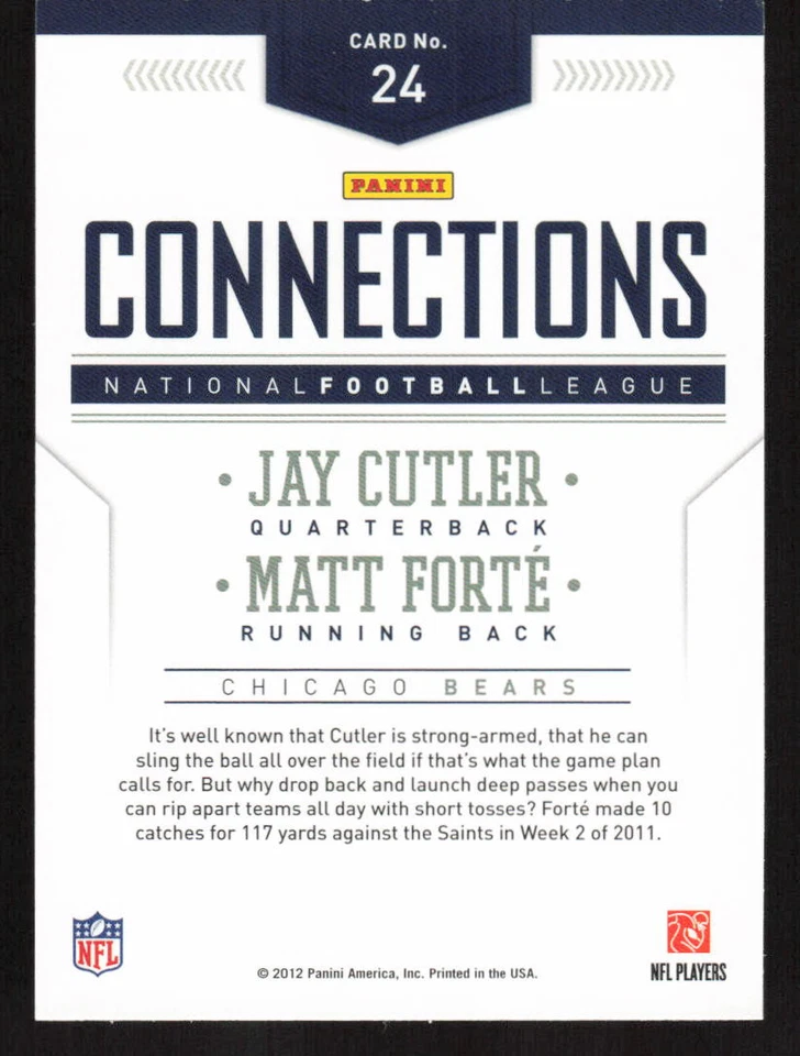 2012 Panini Prestige Jay Cutler / Matt Forte Connections #24 Card - Image 2 of 2