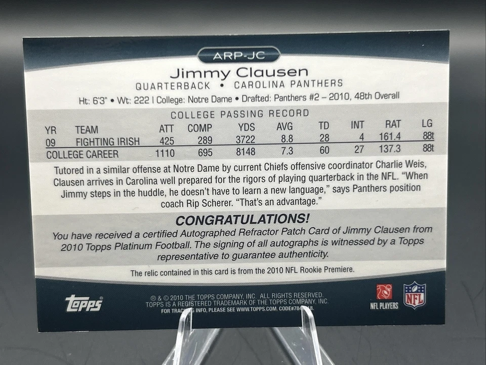 2010  Topps Platinum Auto Patch Black Refractors /99 #ARP-JC Jimmy Clausen RC - Image 2 of 2