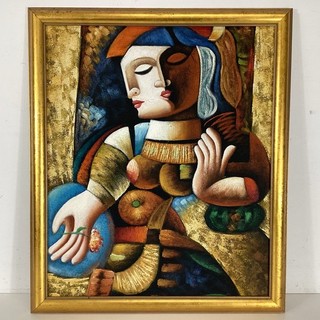 Cubist Style Framed Oil Painting Woman With Fruit Gold Frame TE#8745