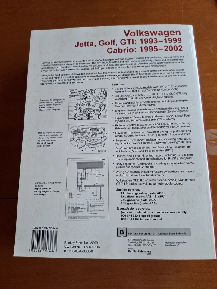 Volkswagen, Jett, Golf, GTI, Cabriolet manual de servicio 1993 a 1999 Foto 4 de 4