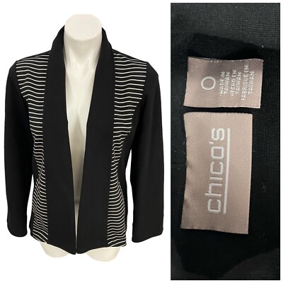 Chicos Blazer Womens Size 0 Small Jacket Black Striped Knit Office Casual Work