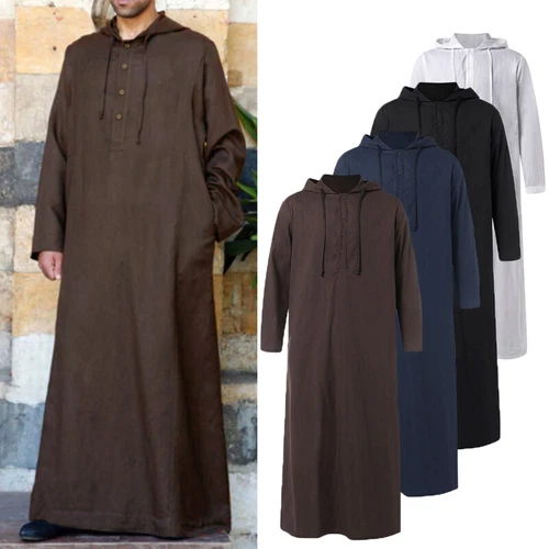 Arabisches lockeres Kleid Herren Langarm Thobe Kaftan Kapuze Robe Muslim Saudi Islamisch - Bild 8 von 22