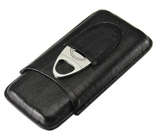 Black Leather Croco Embossed 3 Tube Cigar Case & Cutter Set-Free Shipping