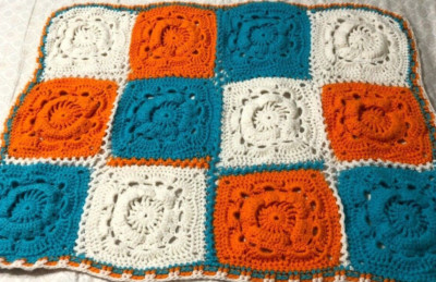 Hand Made blue white orange Crochet Baby Blanket lap Throw 35'' x 26''  square