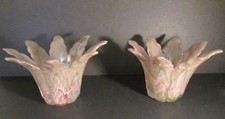 2 Matched Vintage LAVORAZIONE ARTE MURANO Pink  Green Glass Petal Vases  Italy
