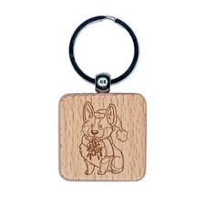 Happy Christmas Corgi with Mistletoe in Santa Hat Engraved Wood Square Keychain