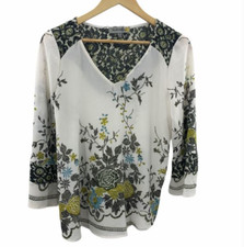 Figueroa  Flower Womens White Floral Boho V Neck Blouse Top Size Small