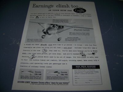 1949 CESSNA 170 & 120/140/190/195 ''EARNINGS CLIMB, TOO ''..1-PAGE SALES AD (664X)