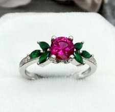 925 Sterling Silver 8mm Round Cut Natural Ruby Gemstone Green Cubic Zircon Ring