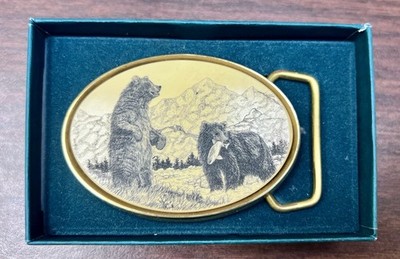 Barlow Solid Brass Oval Scrimshaw Buckle with Grizzly Bears Mountains And Fish