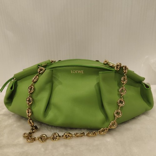 AUTH LOEWE Chain Link Green Lambskin Shoulder Bag Gold Tone Hardware