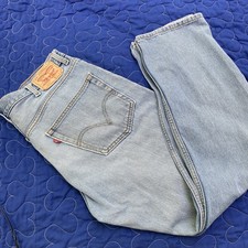 Levis 505 Mens Regular Fit Jeans 38x32 Light Wash Blue Denim Straight Leg  