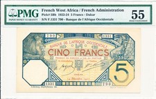 Banque de l Afrique Occidentale French West Africa 5 Francs 1922  PMG  55