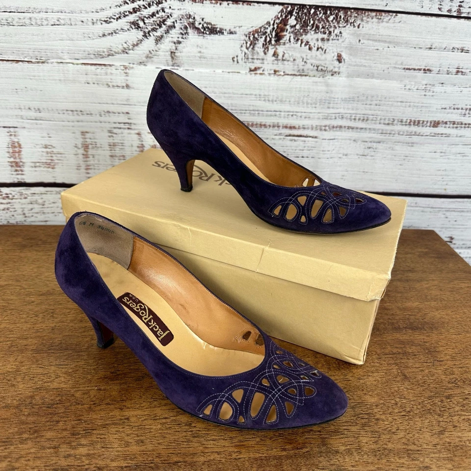 Womens VTG Jack Rogers Purple Suede Cutout 2" Kitten Heel Pumps Party Formal 6.5 - Image 2 of 4