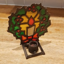 Vintage Cast Iron Tealight Holder Christmas Candle Holly Stained Glass Style