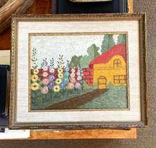 VTG Crewel Embroidery Country Cottage Garden Flowers Framed Cottagecore Wall Art