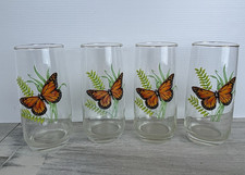 Vintage Monarch Butterfly and Fern Drinking Glasses Gold Rim 7 in Tall Set of 4