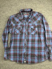 Rock 47 Shirt Mens 2XL Blue Plaid Western Snap Embroidered Pockets Long Sleeve