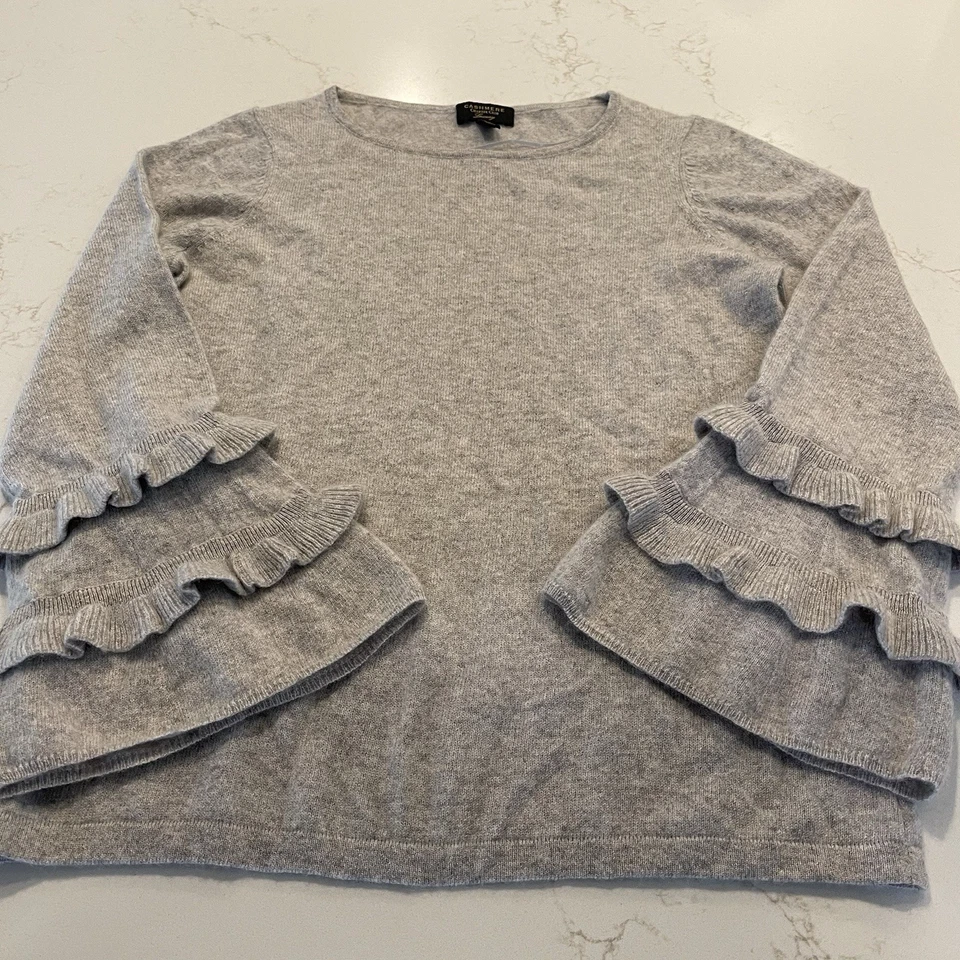 Charter Club Luxury 100% Cashmere Sweater Womens Medium Ruffle Bell Sleeve Gray - Image 3 of 4