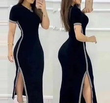 Womens Dresses 2025 Summer Fashion Striped Rose Print Side Slit Casual O-Neck