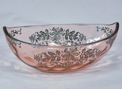Art Deco Small Pink Depression Glass Sterling Silver Overlay Design Candy Dish