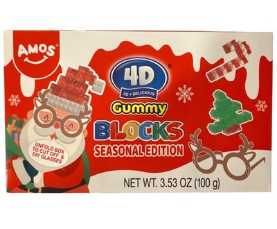 Amos 4D Gummy Blocks Seasonal Edition 3.53oz Theater Box Christmas/Holiday Candy
