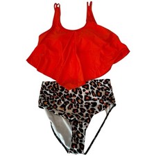 Orange and Leopard Flowy Tankini Swimsuit Sz 1XL