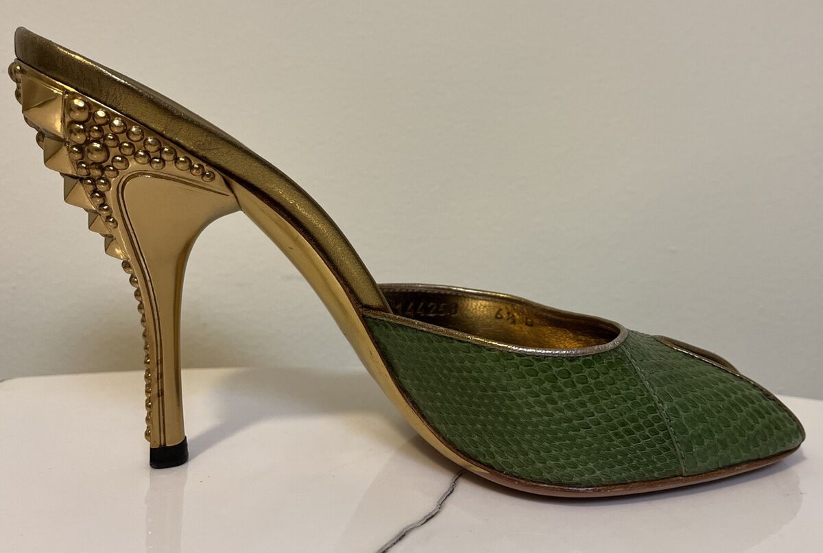 Gucci Tom Ford Leaf Green Snakeskin Studded Gold High Heel Gucci Tom Ford Leaf Green Snakeskin Studded Gold High Heel