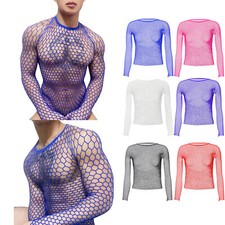 Men's Mesh Fishnet Undershirts T-shirt See Through Long Sleeves Shirts Clubwear